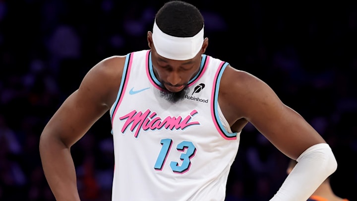 Miami Heat center Bam Adebayo (13) reacts  (Mandatory Credit: Brad Penner-Imagn Images)