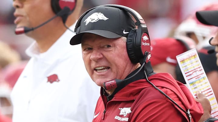 Arkansas Razorbacks interim head coach Bobby Petrino shouts toward a referee during the second quarter against the Texas A&M Aggies at Razorback Stadium. Arkansas Razorbacks interim head coach Bobby Petrino shouts toward a referee during the second quarter against the Texas A&M Aggies at Razorback Stadium.