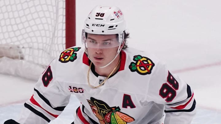 Apr 6, 2026; San Jose, California, USA;  Chicago Blackhawks center Connor Bedard (98) looks for the puck against the San Jose Sharks in the third period at SAP Center at San Jose. Mandatory Credit: David Gonzales-Imagn Images