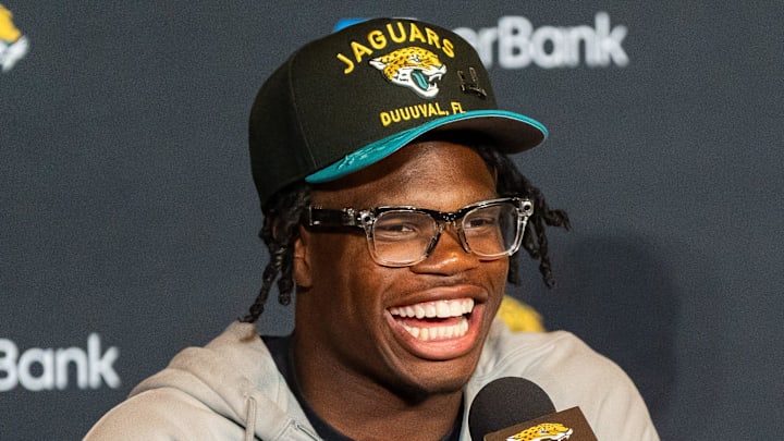 The Jacksonville Jaguars first-round pick, Colorado Buffaloes wide receiver and defensive back Travis Hunter answers questions during a press conference Friday, March 25, 2025 at Miller Electric Center in Jacksonville, Fla. [Doug Engle/Florida Times-Union]