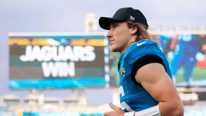 Jacksonville Jaguars quarterback Trevor Lawrence (16) runs off the field after the game of an NFL football matchup at EverBank Stadium, Sunday, Dec. 14, 2025, in Jacksonville, Fla. The Jaguars defeated the Jets 48-20. [Corey Perrine/Florida Times-Union]