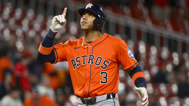 Apr 14, 2025; St. Louis, Missouri, USA; Houston Astros shortstop Jeremy Pena (3) reacts after hitting a three run home run against the St. Louis Cardinals during the ninth inning at Busch Stadium. Apr 14, 2025; St. Louis, Missouri, USA; Houston Astros shortstop Jeremy Pena (3) reacts after hitting a three run home run against the St. Louis Cardinals during the ninth inning at Busch Stadium.