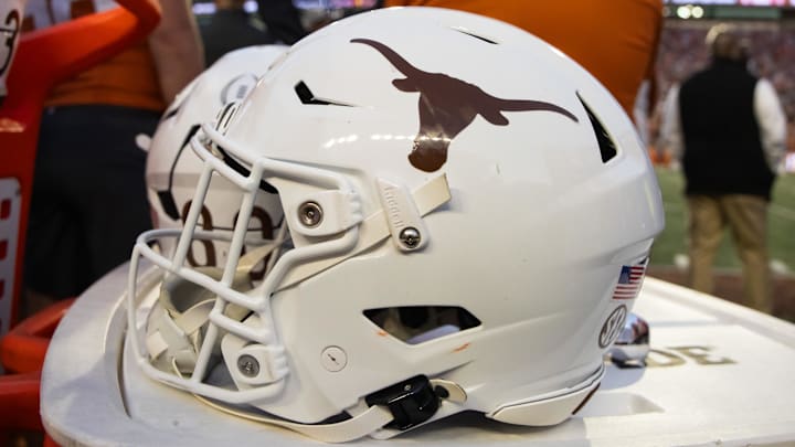 Dec 21, 2024; Austin, Texas, USA; Detailed view of a Texas Longhorns helmet during the CFP National playoff first round at Darrell K Royal-Texas Memorial Stadium.