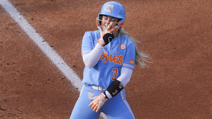 Tennessee outfielder Taylor Pannell (3) celebrates making it to third base safely during a softball game between Tennessee and Auburn at Sherri Parker Lee Stadium at University of Tennessee, in Knoxville, Tenn., April 18, 2025.