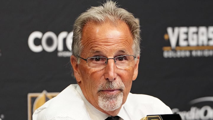 Mar 30, 2026; Las Vegas, Nevada, USA; Vegas Golden Knights head coach John Tortorella holds a presser after the Golden Knights defeated the Vancouver Canucks 4-2 at T-Mobile Arena. Mandatory Credit: Stephen R. Sylvanie-Imagn Images