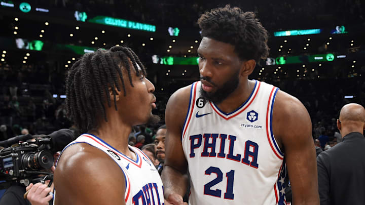 May 9, 2023; Boston, Massachusetts, USA; Philadelphia 76ers guard Tyrese Maxey (0) and center Joel Embiid (21) shake hands after defeating the Boston Celtics in game five of the 2023 NBA playoffs at TD Garden. Mandatory Credit: Bob DeChiara-Imagn Images