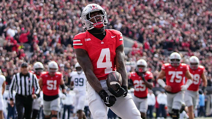 Ohio State Buckeyes wide receiver Jeremiah Smith (4) celebrates a touchdown vs. Penn State
