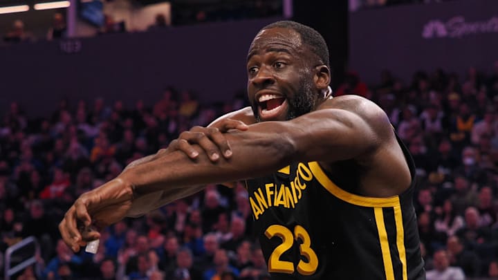 Mar 7, 2024; San Francisco, California, USA; Golden State Warriors forward Draymond Green (23) calls for a foul against the Chicago Bulls without success during the second quarter at Chase Center. Mandatory Credit: Kelley L Cox-Imagn Images