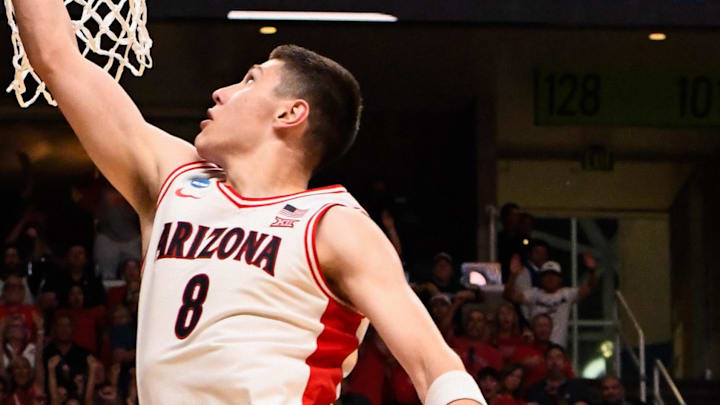 Mar 28, 2026; San Jose, CA, USA; Arizona Wildcats forward Ivan Kharchenkov (8) goes up for two against the Purdue Boilermakers in the second half during an Elite Eight game of the West Regional of the men's 2026 NCAA Tournament at SAP Center. Mandatory Credit: Eakin Howard-Imagn Images Mar 28, 2026; San Jose, CA, USA; Arizona Wildcats forward Ivan Kharchenkov (8) goes up for two against the Purdue Boilermakers in the second half during an Elite Eight game of the West Regional of the men's 2026 NCAA Tournament at SAP Center. Mandatory Credit: Eakin Howard-Imagn Images