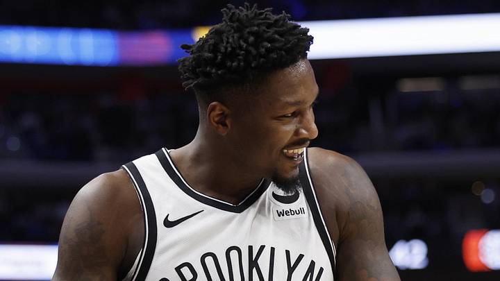 Dec 26, 2023; Detroit, Michigan, USA; Brooklyn Nets forward Dorian Finney-Smith (28) reacts during the second half against the Detroit Pistons at Little Caesars Arena. Mandatory Credit: Rick Osentoski-Imagn Images