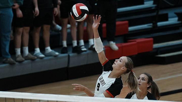 Gilbert right-side hitter Avery Short (9) spikes the ball against ADM during the first set of a volleyball match at Gilbert High School on Sept. 29, 2026, in Gilbert, Iowa. Gilbert right-side hitter Avery Short (9) spikes the ball against ADM during the first set of a volleyball match at Gilbert High School on Sept. 29, 2026, in Gilbert, Iowa.