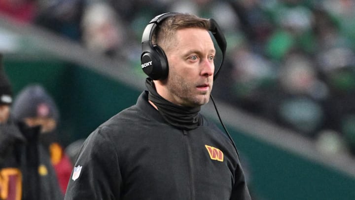 Jan 4, 2026; Philadelphia, Pennsylvania, USA; Washington Commanders offensive coordinator Kliff Kingsbury on the sidelines against the Philadelphia Eagles at Lincoln Financial Field. Mandatory Credit: Eric Hartline-Imagn Images