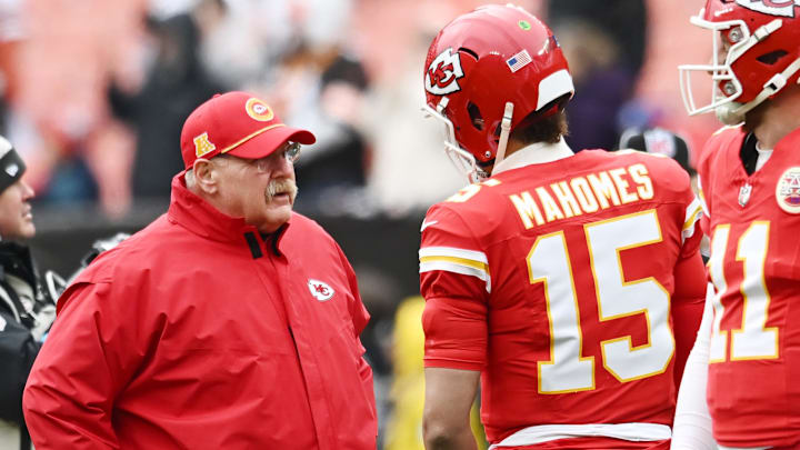 Dec 15, 2024; Cleveland, Ohio, USA; Kansas City Chiefs head coach Andy Reid talks to quarterback Patrick Mahomes (15) before the game between the Cleveland Browns and the Chiefs at Huntington Bank Field. Mandatory Credit: Ken Blaze-Imagn Images
