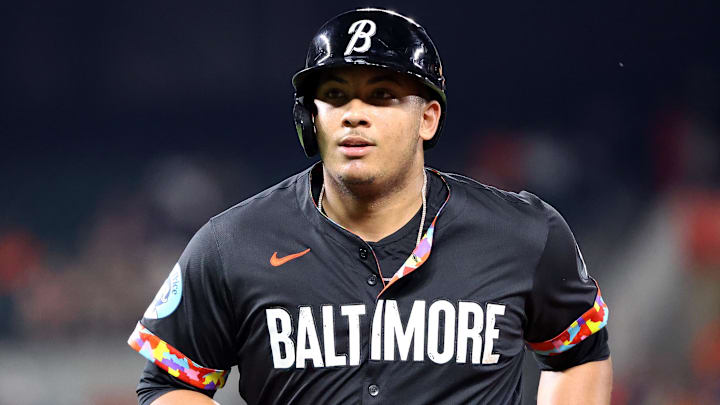 Sep 19, 2025; Baltimore, Maryland, USA; Baltimore Orioles catcher Samuel Basallo (29) runs off of the field during the sixth inning against the New York Yankees at Oriole Park at Camden Yards. Mandatory Credit: Daniel Kucin Jr.-Imagn Images