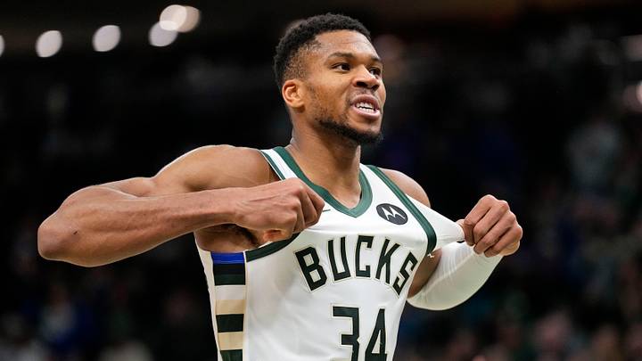 Milwaukee Bucks forward Giannis Antetokounmpo (34) celebrates after scoring during overtime against the Detroit Pistons at Fiserv Forum on November 13, 2024.
