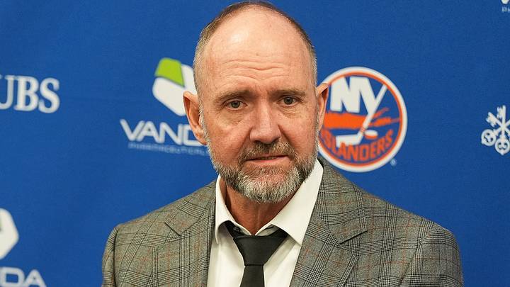 Apr 12, 2026; Elmont, New York, USA; New York Islanders head coach Peter DeBoer speaks to the media after a game against the Montreal Canadiens at UBS Arena. Mandatory Credit: Alexander Wohl-Imagn Images