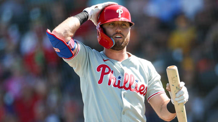 Mar 7, 2025; Bradenton, Florida, USA; Philadelphia Phillies third baseman Kody Clemens (2) reacts after striking out against the Pittsburgh Pirates in the third inning during spring training at LECOM Park