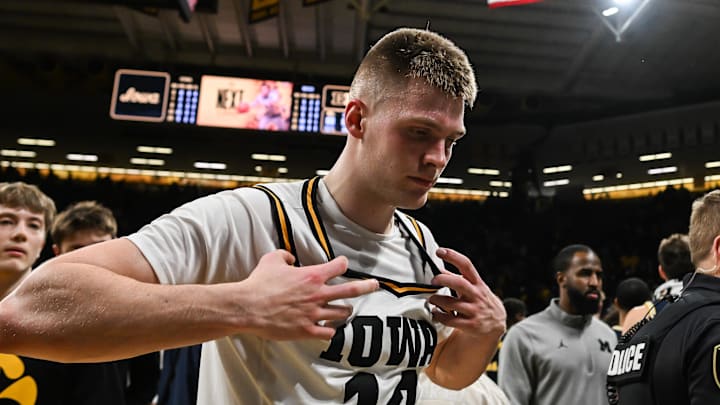 Mar 5, 2026; Iowa City, Iowa, USA; Iowa Hawkeyes guard Bennett Stirtz (14) leaves the court after the game against the Michigan Wolverines during the second half at Carver-Hawkeye Arena. Mandatory Credit: Jeffrey Becker-Imagn Images