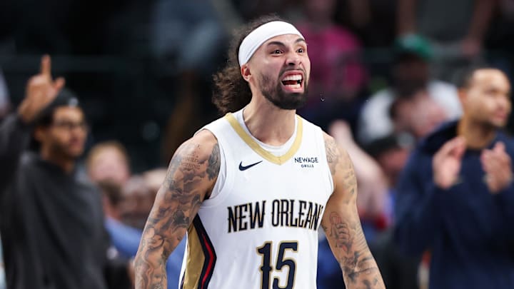 Nov 5, 2025; Dallas, Texas, USA;  New Orleans Pelicans guard Jose Alvarado (15) reacts after the game against the Dallas Mavericks at American Airlines Center. Mandatory Credit: Kevin Jairaj-Imagn Images