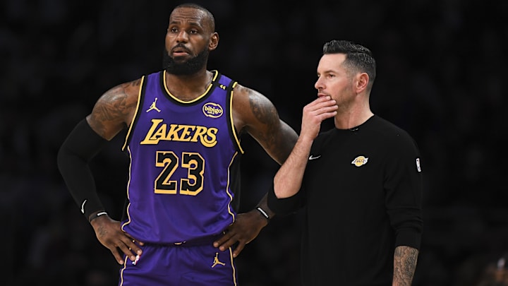 Los Angeles Lakers forward LeBron James (23) with Los Angeles Lakers head coach JJ Redick against the Phoenix Suns during the first half at Crypto.com Arena.