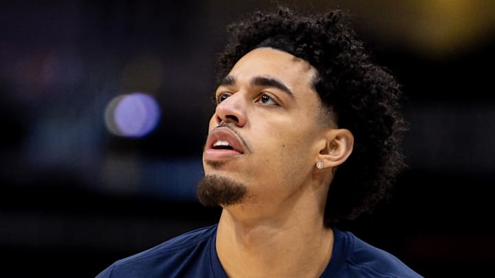 Nov 19, 2025; New Orleans, Louisiana, USA;  Denver Nuggets guard Julian Strawther (3) during warmups before the game against the New Orleans Pelicans at Smoothie King Center. Mandatory Credit: Stephen Lew-Imagn Images