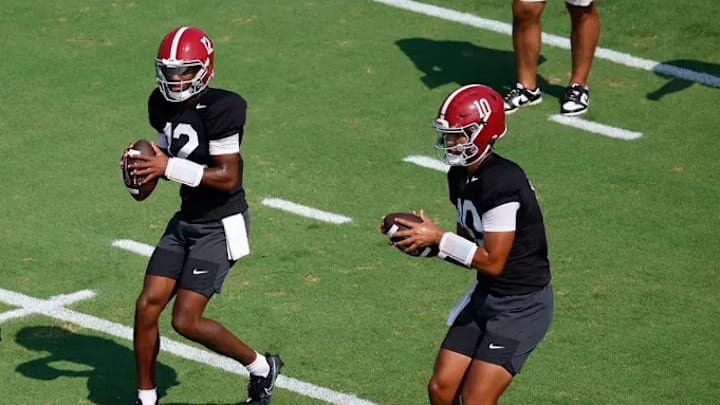 8/2/25 MFB MFB Practice 3 Alabama Quarterback Ty Simpson (15)_ Alabama Quarterback Keelon Russell (12) Alabama Quarterback Austin Mack (10) Photo by Kent Gidley