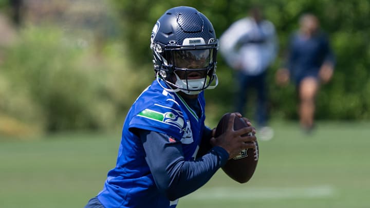 Jun 11, 2025; Renton, WA, USA; Seattle Seahawks quarterback Jalen Milroe (6) scrambles during mini-camp at Virginia Mason Athletic Center. Jun 11, 2025; Renton, WA, USA; Seattle Seahawks quarterback Jalen Milroe (6) scrambles during mini-camp at Virginia Mason Athletic Center.