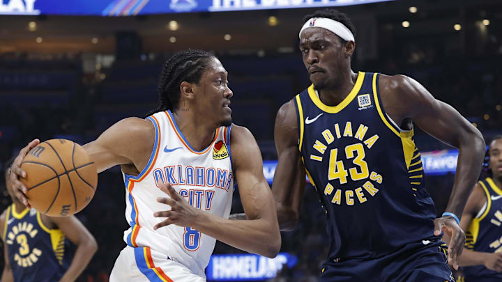 Mar 29, 2025; Oklahoma City, Oklahoma, USA; Oklahoma City Thunder forward Jalen Williams (8) drives to the basket against Indiana Pacers forward Pascal Siakam (43) during the second quarter at Paycom Center. Mandatory Credit: Alonzo Adams-Imagn Images