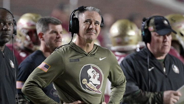 Nov 15, 2025; Tallahassee, Florida, USA; Florida State Seminoles head coach Mike Norvell during the second half against the Virginia Tech Hokies at Doak S. Campbell Stadium. Mandatory Credit: Melina Myers-Imagn Images