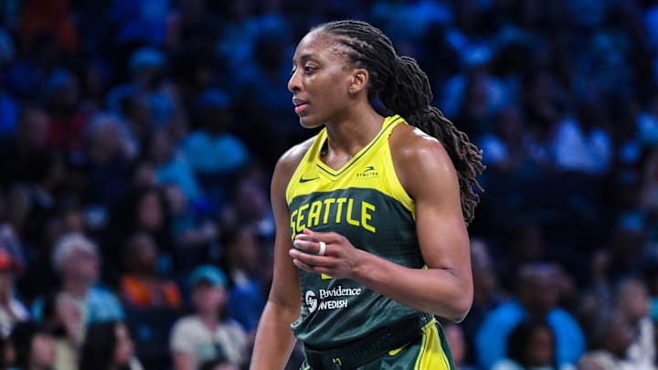 Jul 6, 2025; Brooklyn, New York, USA; Seattle Storm forward Nneka Ogwumike (3) during the second half of a game against the New York Liberty at Barclays Center. Mandatory Credit: John Jones-Imagn Images Jul 6, 2025; Brooklyn, New York, USA; Seattle Storm forward Nneka Ogwumike (3) during the second half of a game against the New York Liberty at Barclays Center. Mandatory Credit: John Jones-Imagn Images