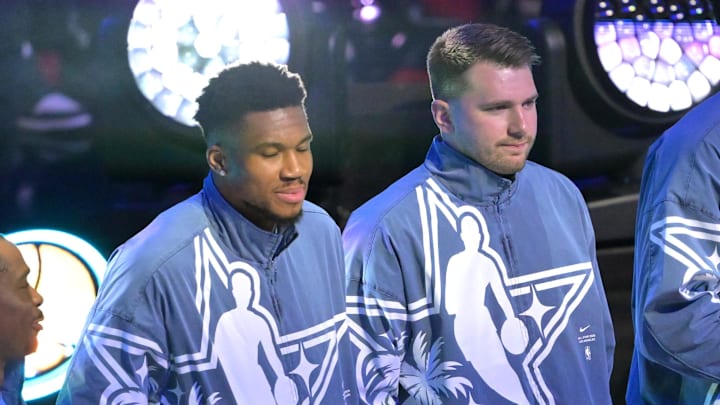Feb 15, 2026; Inglewood, California, USA; Team World forward Giannis Antetokounmpo (34) of the Milwaukee Bucks and Luka Doncic (77) of the Los Angeles Lakers and Deni Avdija (8) of the Portland Trail Blazers look on during player introductions before the 75th NBA All-Star Game at Intuit Dome. Mandatory Credit: Jayne Kamin-Oncea-Imagn Images Feb 15, 2026; Inglewood, California, USA; Team World forward Giannis Antetokounmpo (34) of the Milwaukee Bucks and Luka Doncic (77) of the Los Angeles Lakers and Deni Avdija (8) of the Portland Trail Blazers look on during player introductions before the 75th NBA All-Star Game at Intuit Dome. Mandatory Credit: Jayne Kamin-Oncea-Imagn Images