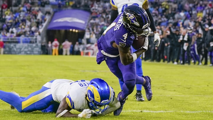 Baltimore Ravens wide receiver Zay Flowers catches the ball for a touchdown against the Los Angeles Rams