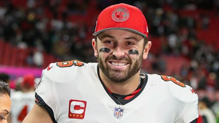Dec 10, 2023; Atlanta, Georgia, USA; Tampa Bay Buccaneers quarterback Baker Mayfield (6) celebrates after a victory against the Atlanta Falcons at Mercedes-Benz Stadium. Mandatory Credit: Brett Davis-Imagn Images
