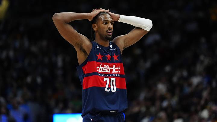 Mar 15, 2025; Denver, Colorado, USA; Washington Wizards forward Alex Sarr (20) reacts in the second half against the Washington Wizards at Ball Arena. Mandatory Credit: Ron Chenoy-Imagn Images Mar 15, 2025; Denver, Colorado, USA; Washington Wizards forward Alex Sarr (20) reacts in the second half against the Washington Wizards at Ball Arena. Mandatory Credit: Ron Chenoy-Imagn Images