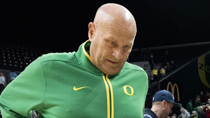 Oregon women's coach Kelly Graves leave the court after the loss to Ohio State at Matthew Knight Arena in Eugene Feb. 8, 2026.