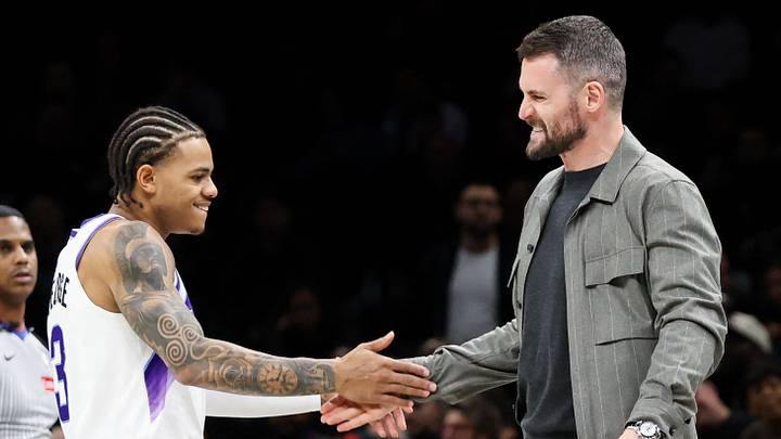 Dec 4, 2025; Brooklyn, New York, USA; Utah Jazz guard Keyonte George (3) reacts with forward Kevin Love (42) after a timeout against Brooklyn Nets during the fourth quarter at Barclays Center. Mandatory Credit: Tom Horak-Imagn Images Dec 4, 2025; Brooklyn, New York, USA; Utah Jazz guard Keyonte George (3) reacts with forward Kevin Love (42) after a timeout against Brooklyn Nets during the fourth quarter at Barclays Center. Mandatory Credit: Tom Horak-Imagn Images