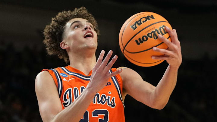 Mar 21, 2026; Greenville, SC, USA; Illinois Fighting Illini guard Keaton Wagler (23) shoots in the first half during a second round game of the men's 2026 NCAA Tournament at Bon Secours Wellness Arena. Mandatory Credit: Bob Donnan-Imagn Images