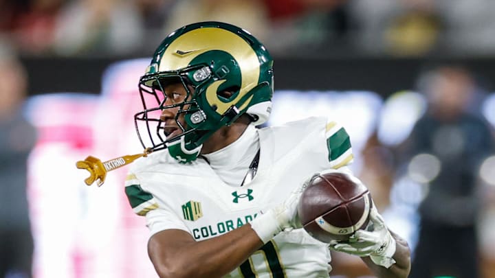 Oct 3, 2025; San Diego, California, USA; Colorado State Rams wide receiver Jordan Ross (0) makes a catch during the first half against the San Diego State Aztecs at Snapdragon Stadium. Mandatory Credit: David Frerker-Imagn Images