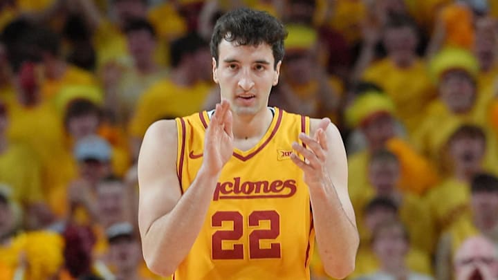 Iowa State Cyclones forward Milan Momcilovic (22) reacts after a three-point shot against Houston during the first half in the3 Big-12 men’s basketball at Hilton Coliseum on Feb. 16, 2026, in Ames, Iowa