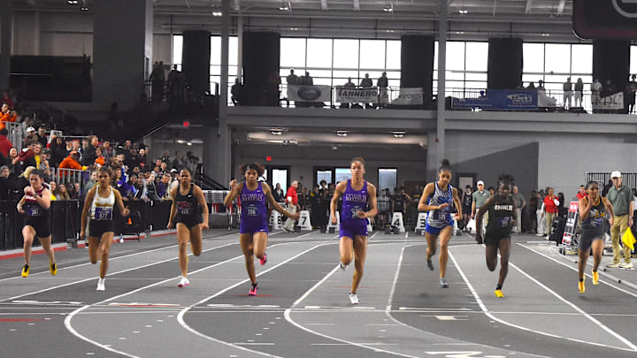 The finish of the girls 55-meter dash at the Kentucky High School 3A State Indoor Track and Field Championships March 4, 2026.