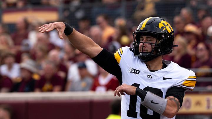 Iowa Hawkeyes quarterback Jeremy Hecklinski (10) warms up Oct. 24, 2026 during a Big Ten football game against the Minnesota Golden Gophers in Minneapolis, Minnesota. Iowa Hawkeyes quarterback Jeremy Hecklinski (10) warms up Oct. 24, 2026 during a Big Ten football game against the Minnesota Golden Gophers in Minneapolis, Minnesota.