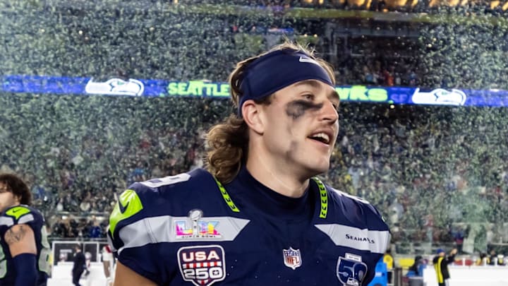 Feb 8, 2026; Santa Clara, CA, USA; Seattle Seahawks wide receiver Jake Bobo (19) celebrates after defeating the New England Patriots during Super Bowl LX at Levi's Stadium. Feb 8, 2026; Santa Clara, CA, USA; Seattle Seahawks wide receiver Jake Bobo (19) celebrates after defeating the New England Patriots during Super Bowl LX at Levi's Stadium.