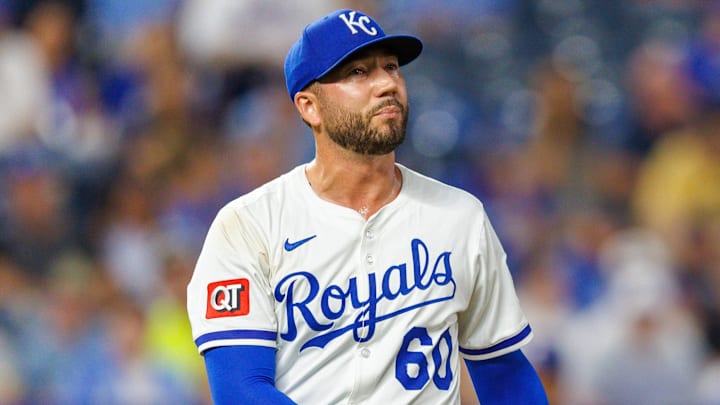 Aug 20, 2025; Kansas City, Missouri, USA; Kansas City Royals pitcher Lucas Erceg (60) reacts to a play during the seventh inning against the Texas Rangers at Kauffman Stadium. Mandatory Credit: William Purnell-Imagn Images
