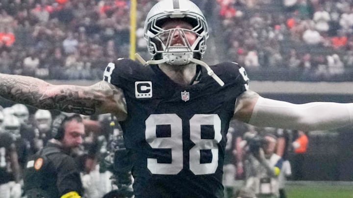 Dec 7, 2025; Paradise, Nevada, USA;  Las Vegas Raiders defensive end Maxx Crosby (98) takes the field prior to a game against the Denver Broncos at Allegiant Stadium. Mandatory Credit: Kirby Lee-Imagn Images