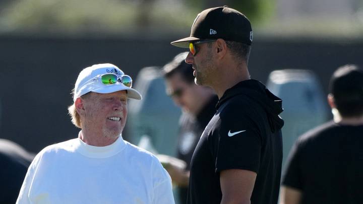Jun 9, 2026; Henderson, NV, USA; Las Vegas Raiders quarterbacks coach Mike Sullivan (left), owner Mark Davis (center) and general manager John Spytek during minicamp at Intermountain Health Performance Center. Mandatory Credit: Kirby Lee-Imagn Images Jun 9, 2026; Henderson, NV, USA; Las Vegas Raiders quarterbacks coach Mike Sullivan (left), owner Mark Davis (center) and general manager John Spytek during minicamp at Intermountain Health Performance Center. Mandatory Credit: Kirby Lee-Imagn Images