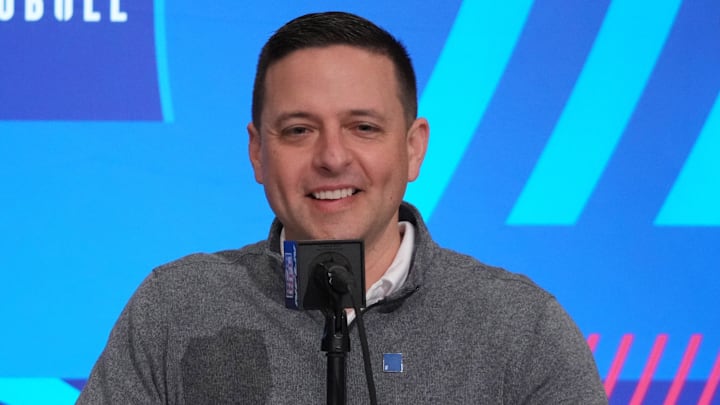 Feb 27, 2024; Indianapolis, IN, USA; New England Patriots director of scouting Eliot Wolf during the NFL Scouting Combine at Indiana Convention Center. Mandatory Credit: Kirby Lee-Imagn Images