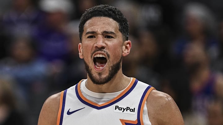 Mar 3, 2026; Sacramento, California, USA; Phoenix Suns guard Devin Booker (1) reacts during the third quarter against the Sacramento Kings at Golden 1 Center. Mandatory Credit: Justine Willard-Imagn Images