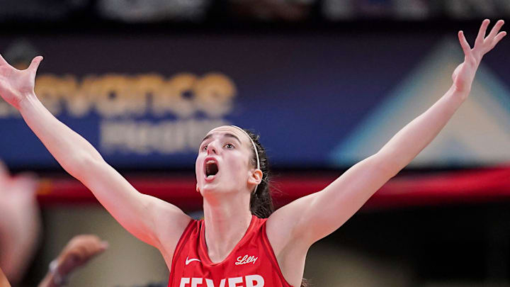 Indiana Fever guard Caitlin Clark (22) yells to the referee Thursday, June 13, 2024, during the game at Gainbridge Fieldhouse in Indianapolis. The Indiana Fever defeated the Atlanta Dream, 91-84.