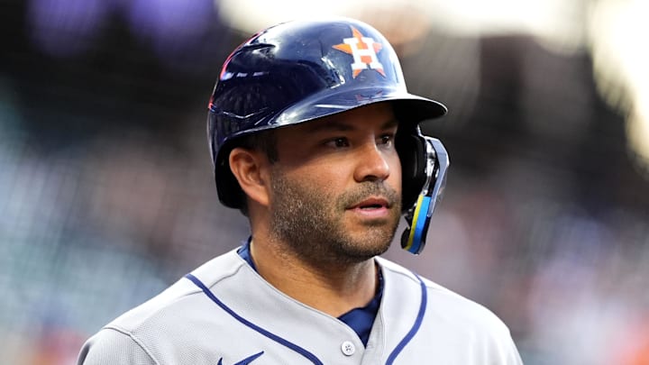 Apr 6, 2026; Denver, Colorado, USA; Houston Astros second baseman Jose Altuve (27) during the first inning against the Colorado Rockies at Coors Field. Mandatory Credit: Ron Chenoy-Imagn Images Apr 6, 2026; Denver, Colorado, USA; Houston Astros second baseman Jose Altuve (27) during the first inning against the Colorado Rockies at Coors Field. Mandatory Credit: Ron Chenoy-Imagn Images