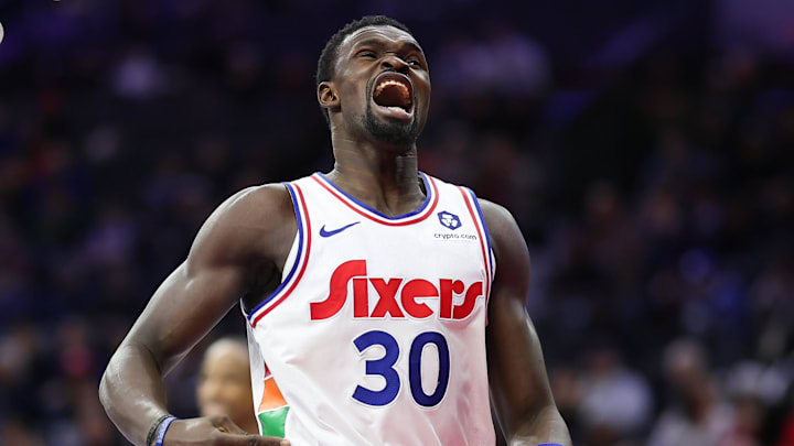 Jan 29, 2025; Philadelphia, Pennsylvania, USA; Philadelphia 76ers center Adem Bona (30) reacts after missing a shot against the Sacramento Kings during the fourth quarter at Wells Fargo Center. Mandatory Credit: Bill Streicher-Imagn Images Jan 29, 2025; Philadelphia, Pennsylvania, USA; Philadelphia 76ers center Adem Bona (30) reacts after missing a shot against the Sacramento Kings during the fourth quarter at Wells Fargo Center. Mandatory Credit: Bill Streicher-Imagn Images